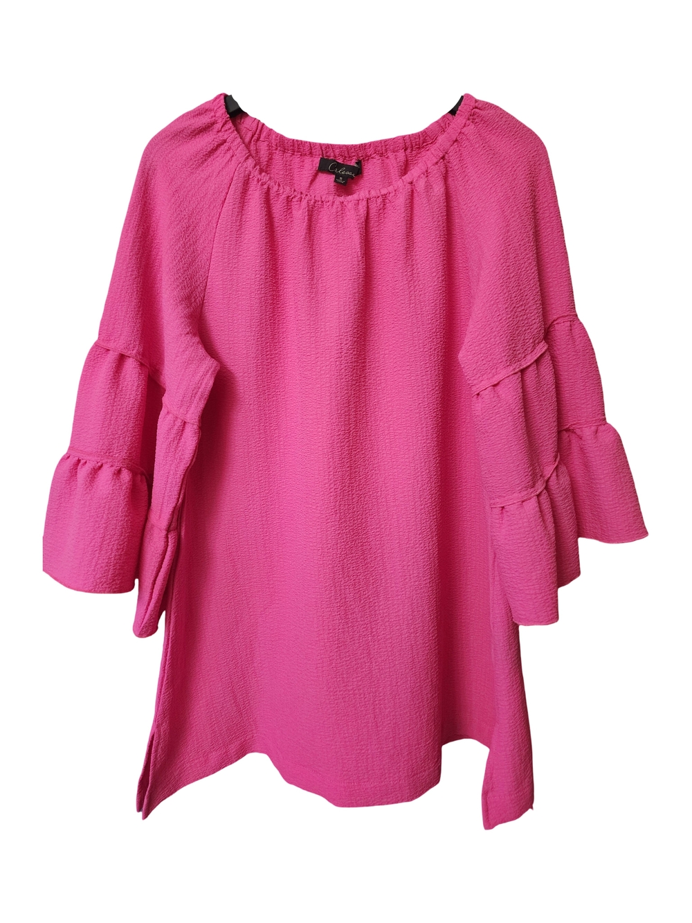 CALESSA Hot Pink Crinkle Tunic Blouse Ruffle Tiered Bell Sleeve Boho EUC Sz S